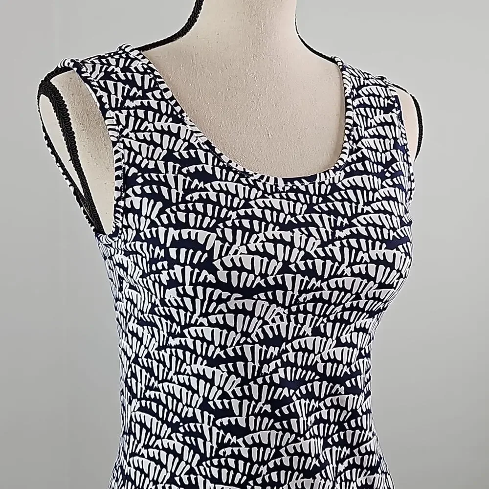 Persifor Abstract Palm Print Navy White Tank‎ Bodycon Mini Dress Women's Small